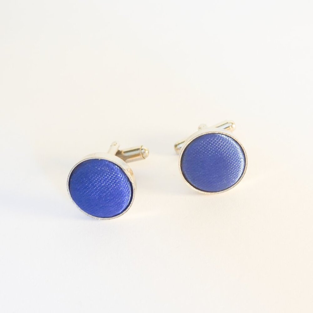Round Silk Fabric Inlay Silver Tone Cufflinks